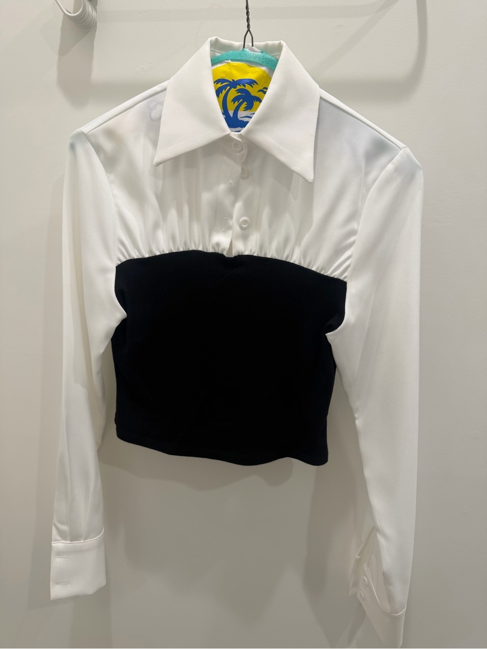 Commense White and Black Cropped Button-Down Shirt